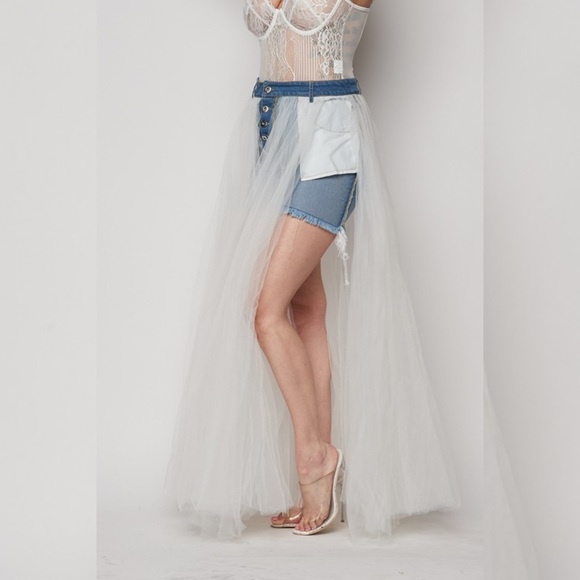 Reversed Denim Skirt Tulle Overlay WHITE - Picture 6 of 8